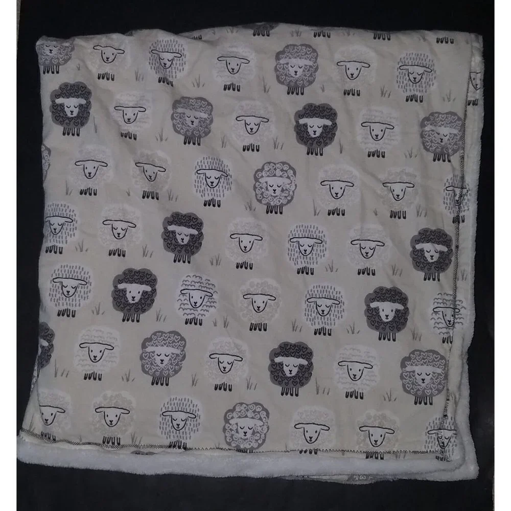Sheep Lamb Baby Blanket Lovey Fleece Soft Gray White Tan Wooly Hearts 39x39